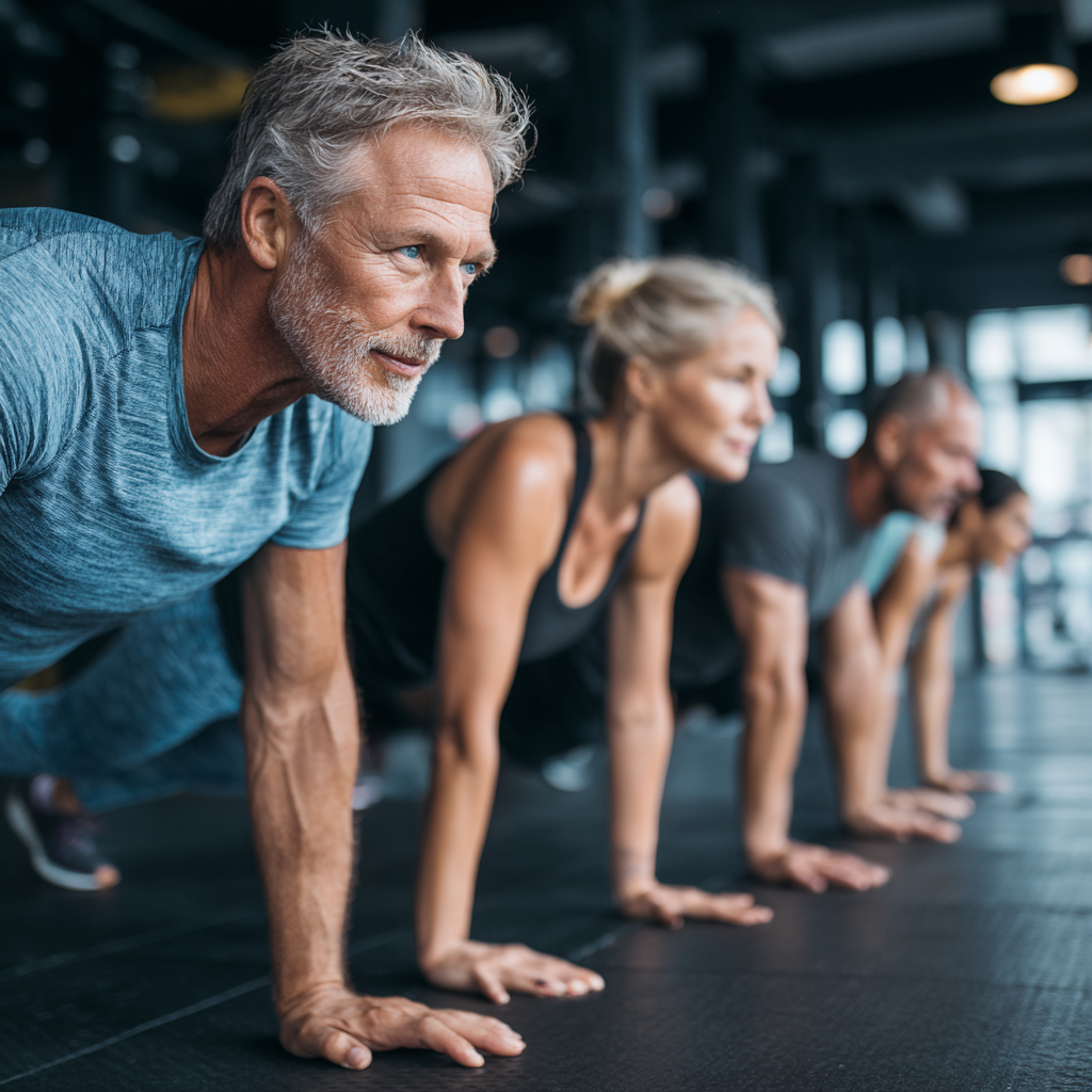 Active middle-aged adults exercising together in modern fitness facility