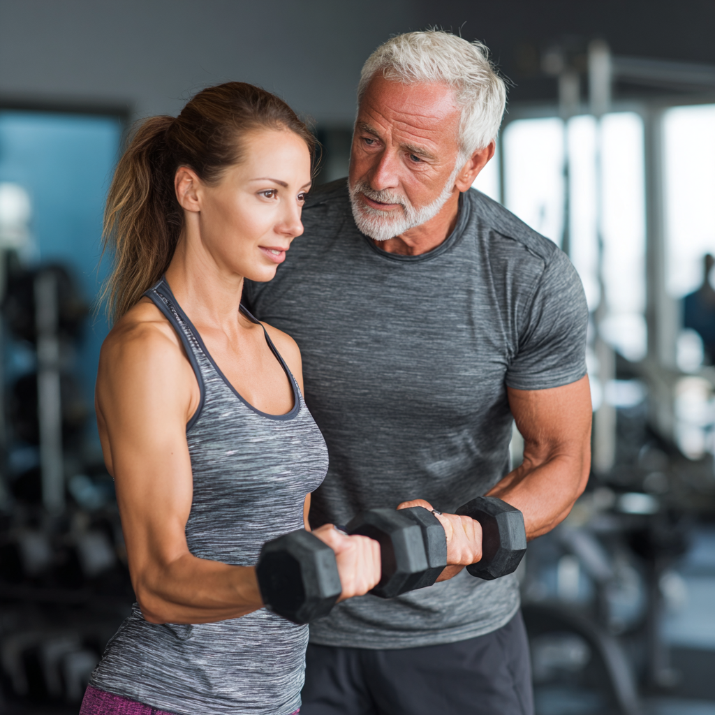 Experienced fitness instructor guiding mature adult through proper exercise technique